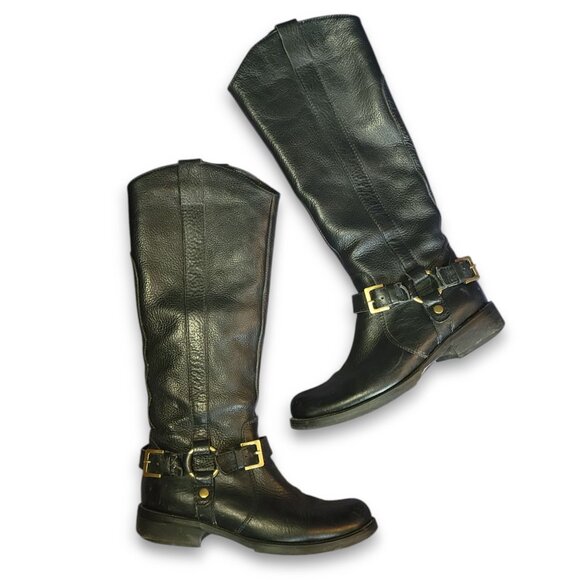 MIZ MOOZ - Women's Black Genuine Leather Buckle Knee High Riding Boots Size 8 - Picture 1 of 9